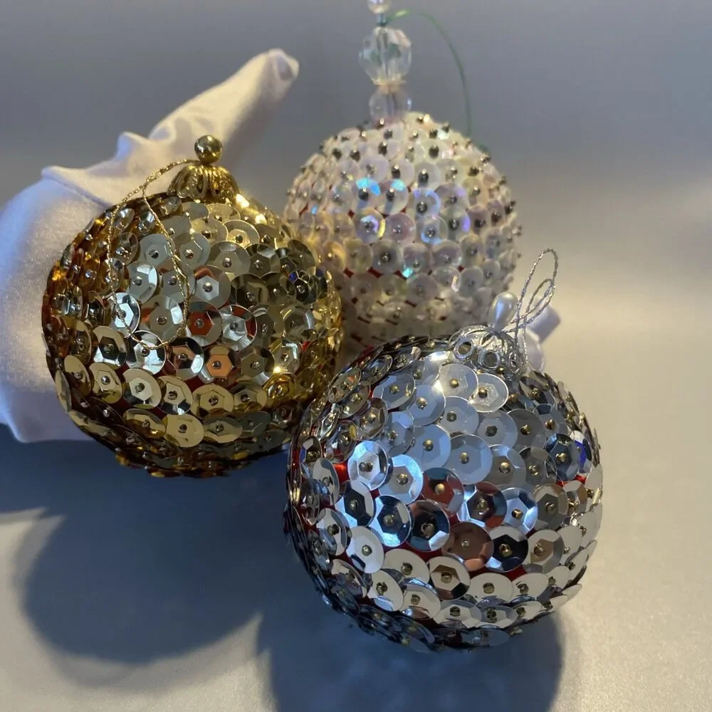 3 Vintage Christmas Sequin Push Pin Ornaments Gold Silver White Ball Handmade